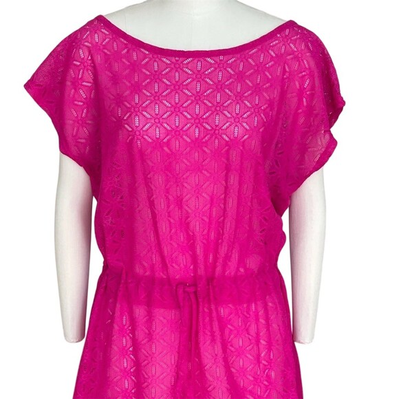 BLU Cover Up Tunic Dress Womens  Hot Pink Crochet Lace Drawstring Waist - Picture 4 of 7